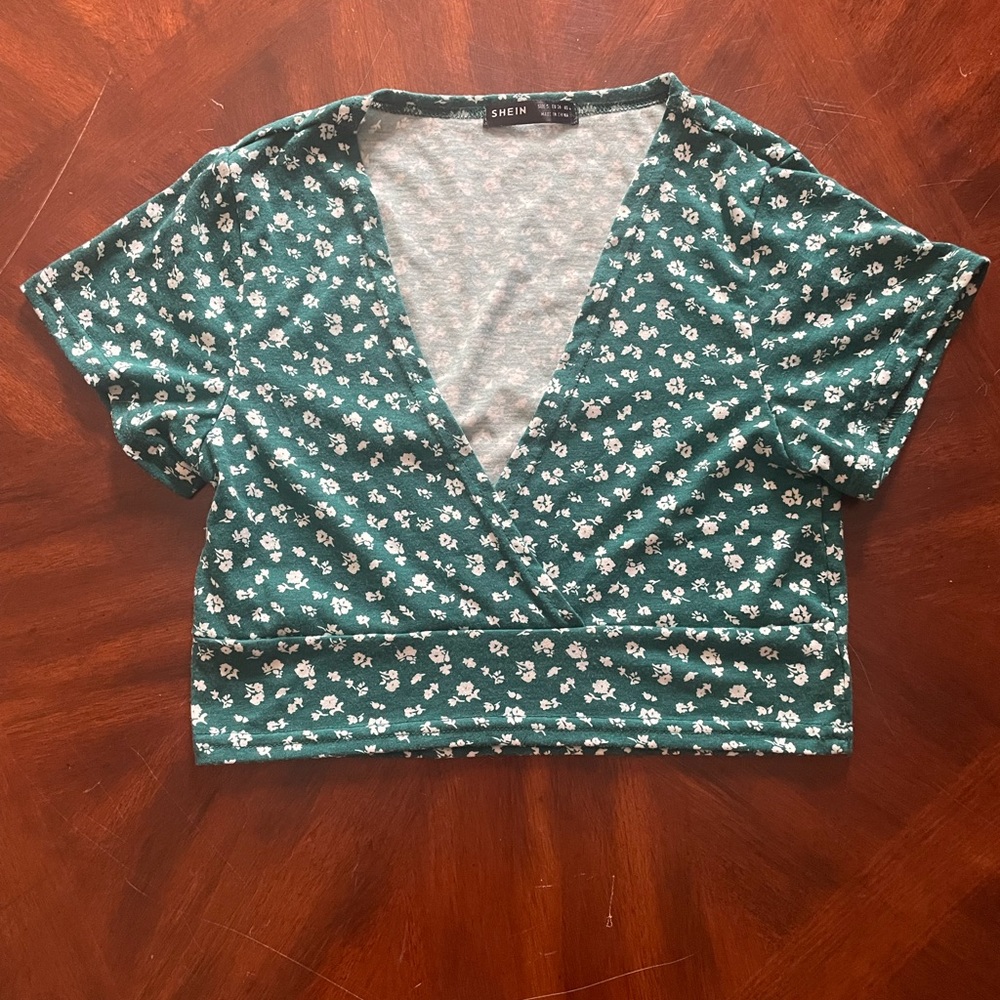 SHEIN Teal Floral V-Neck Blouse